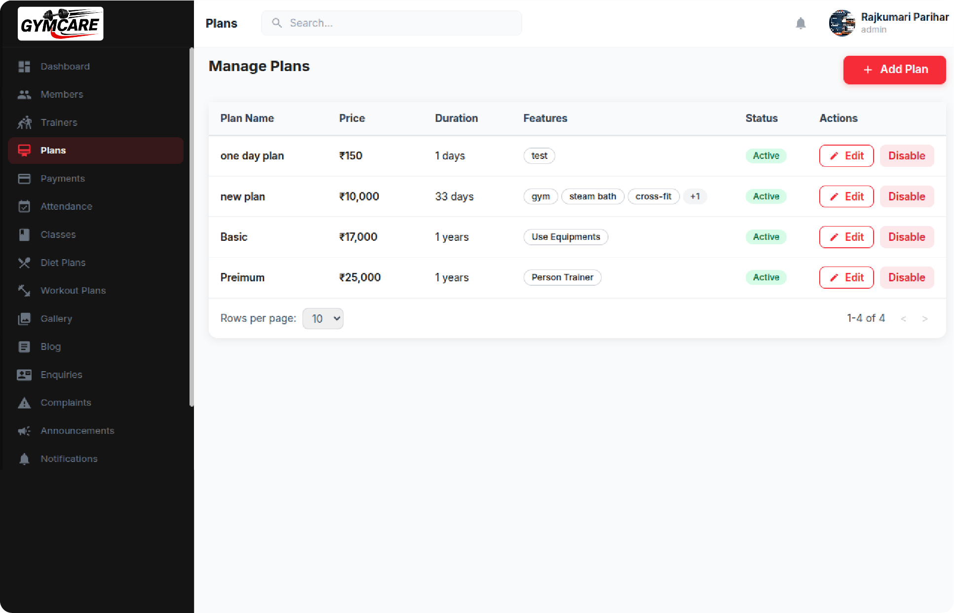 Gym Membership Plan Management with Pricing and Features